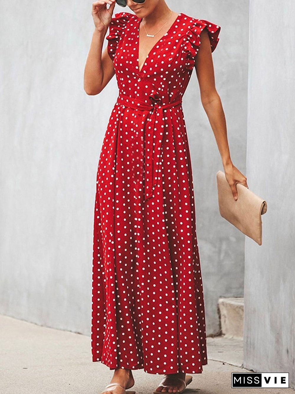 V-neck Ruffle Sleeve Wrap Maxi Dress P16306