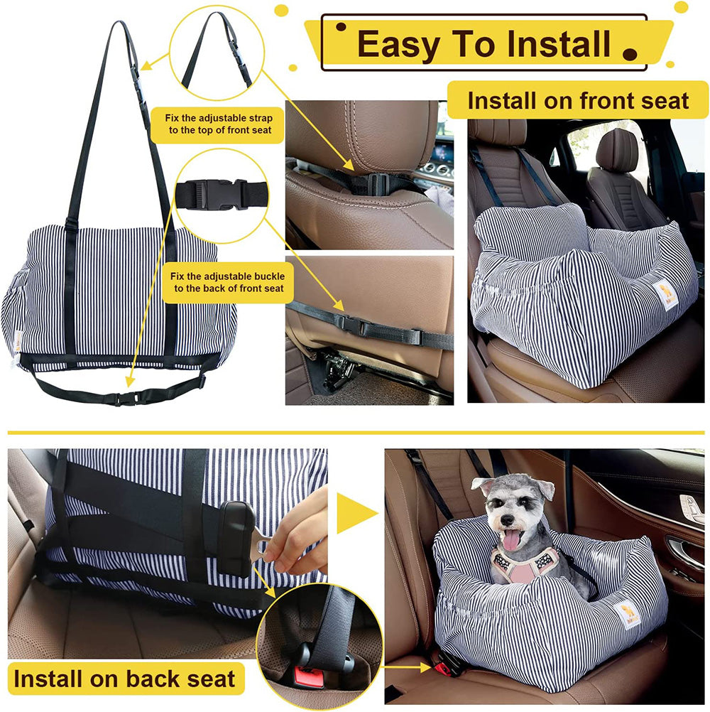 Car seat for medium dogs or cats， dog booster seat with storage pocket and clip-on safety leash， removable and washable cover， dual purpose dog bed for car and home.