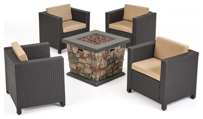 Noble House Wentz Outdoor 4 Club Chair Chat Set with Fire Pit Mix Black   Tropical   Outdoor Lounge Sets   by Homesquare  Houzz