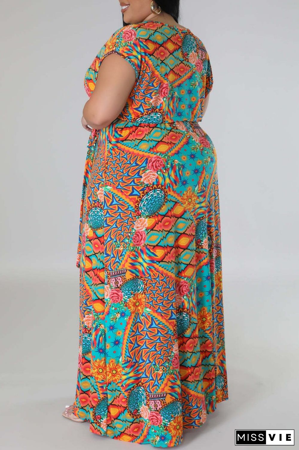 Multicolor Casual Print Slit V Neck Short Sleeve Dress Plus Size Dresses