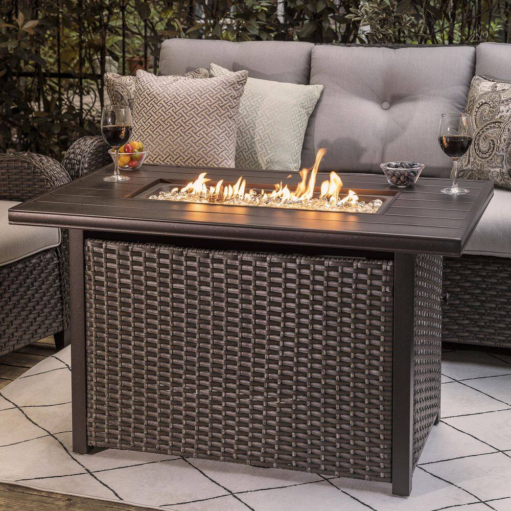 Nuu Garden Brown 43 in. 50000 BTU Rectangular Wicker Aluminum Propane Gas Outdoor Fire Pit Table with Removable Lid Fire Glass AF115C