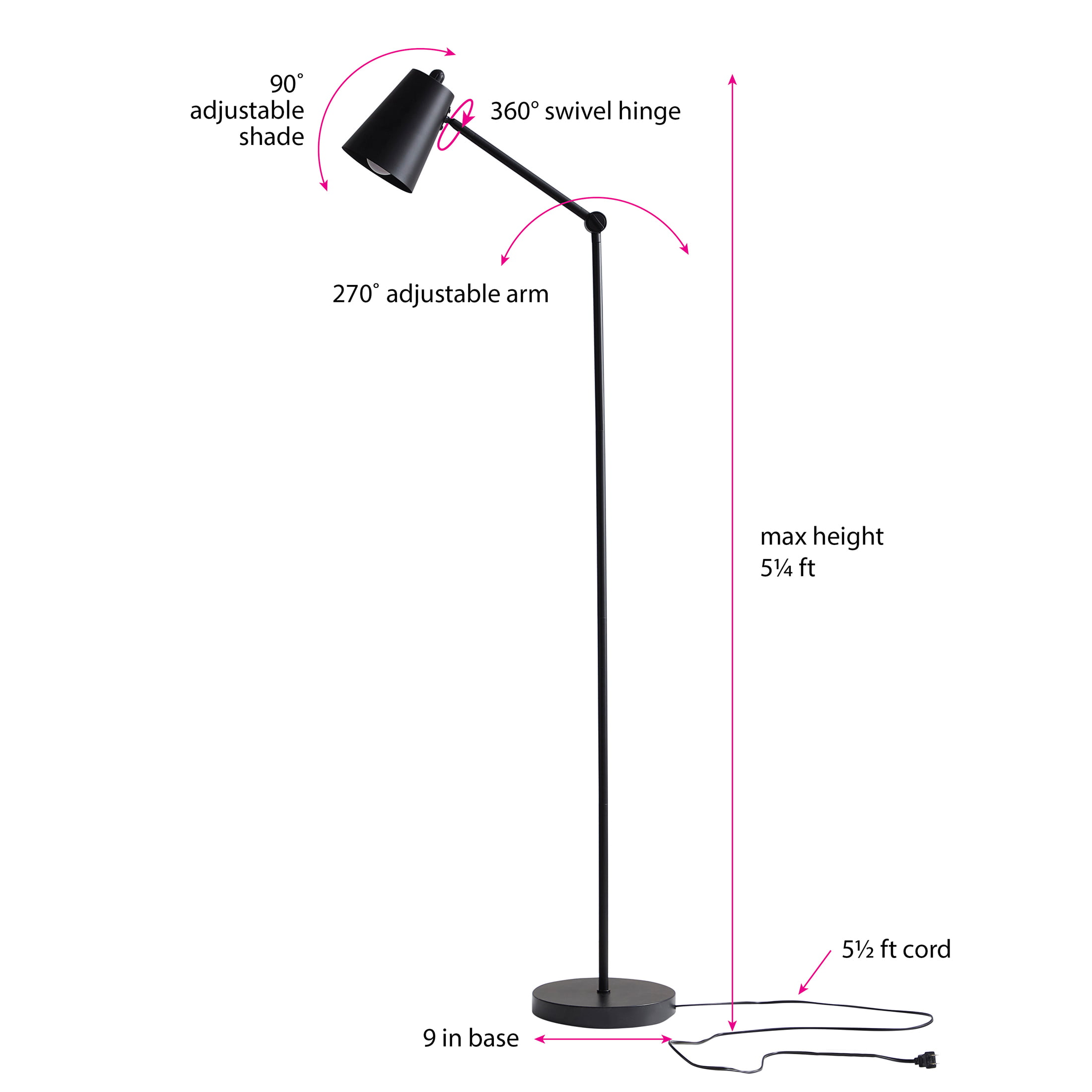 Mainstays 64 inch Black Architect Floor Lamp with LED Bulb， Matte Metal Finish