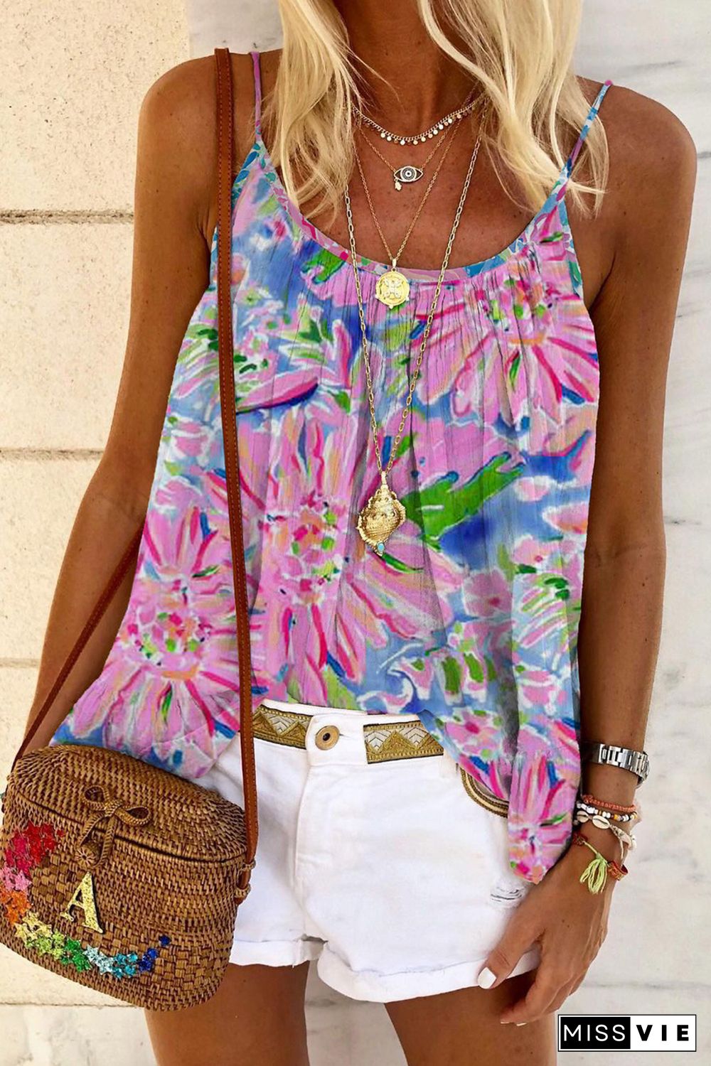 Pink Abstract Floral Print Loose Fit Spaghetti Strap Tank Top