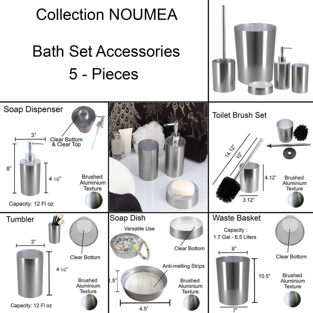 5-Pieces Bath Accessory Set with Soap Pump Tumbler Soap Dish Waste Basket and Toilet Brush Holder in Brushed Aluminum SET5NOUMEA6176