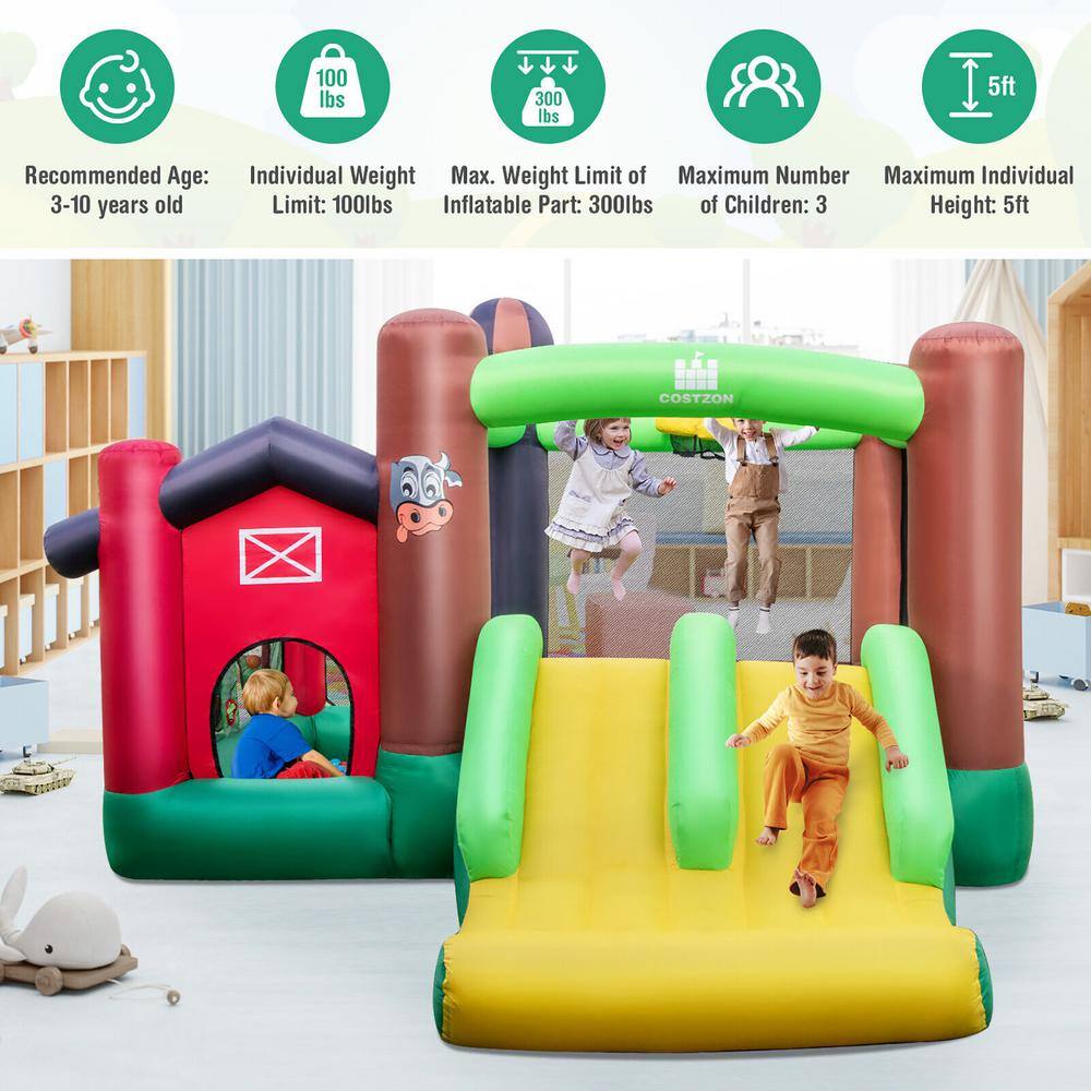 Costway Farm Themed Inflatable Castle Kids Bounce House with Double Slides and 750-Watt Blower NP10750+ES10151US