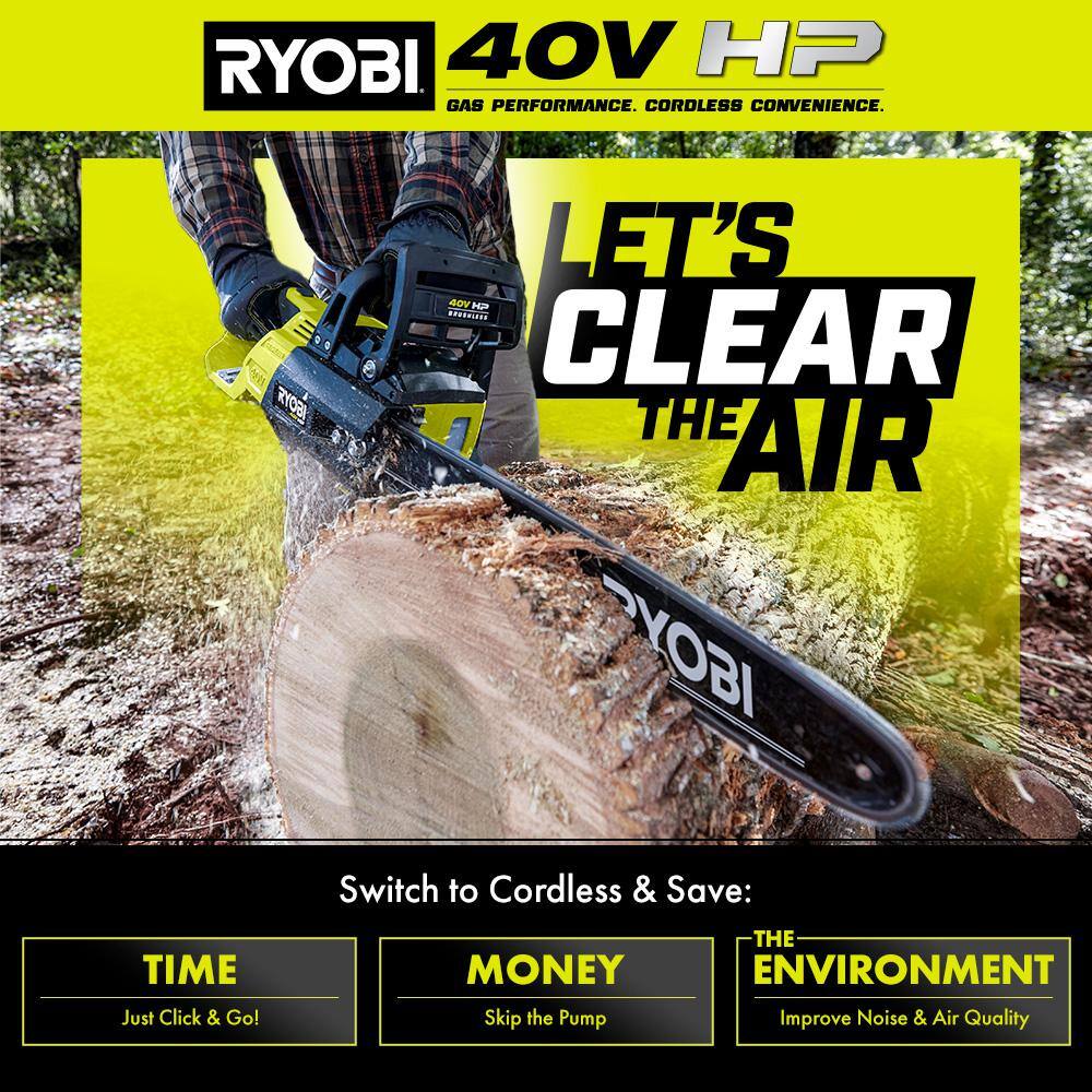 RYOBI RY40580-AC 40V HP Brushless 18 in Battery Chainsaw w/ Extra 18 in. Chain， 5.0 Ah Battery and Charger