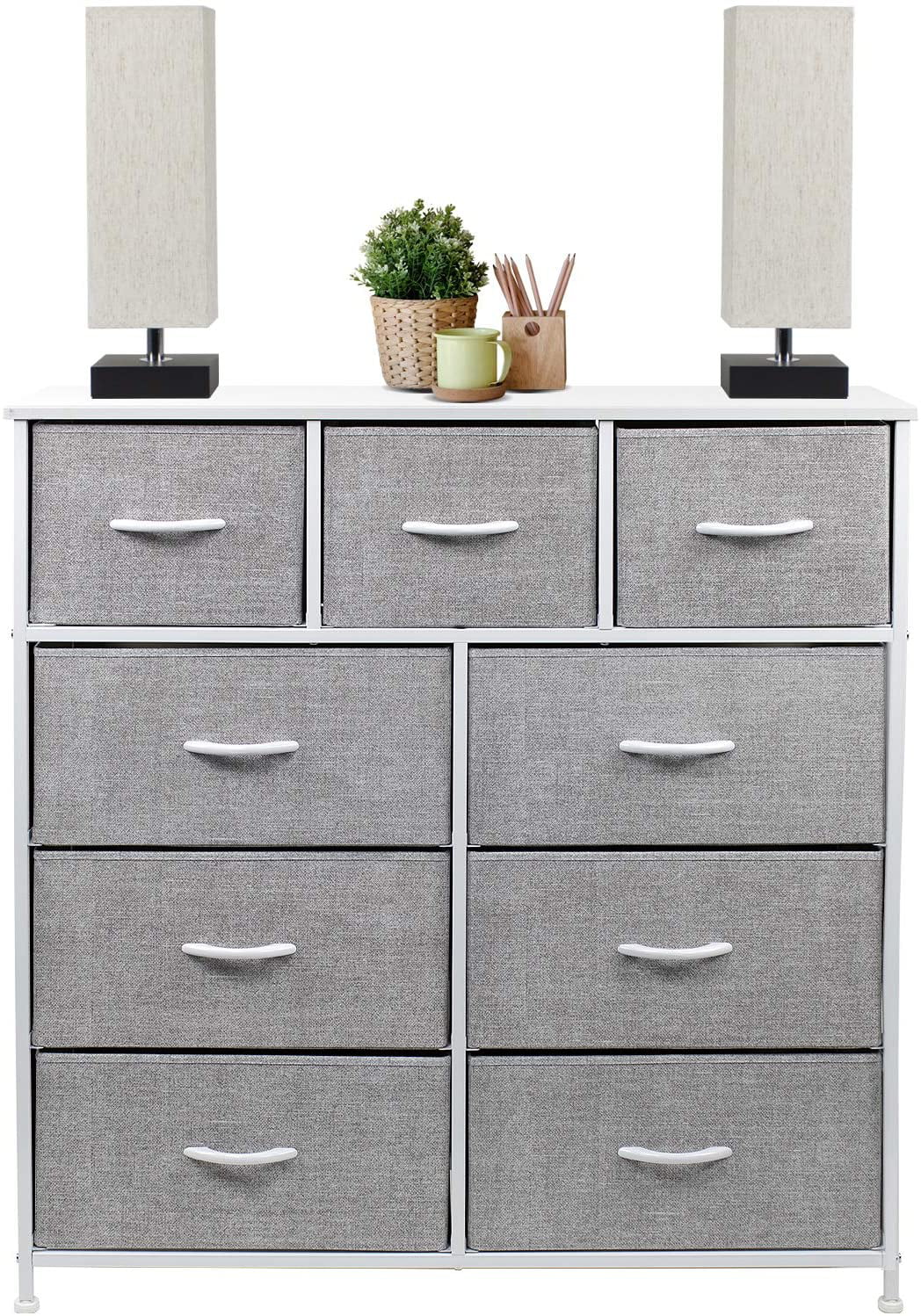 Sorbus Dresser with 9 Drawers - Transitional Décor, White Wood/Fabric Finish