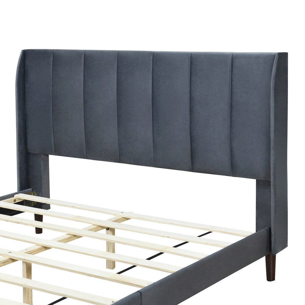 Velvet Upholstered Wingback Bed Frame 3 dimension Structure Footboard