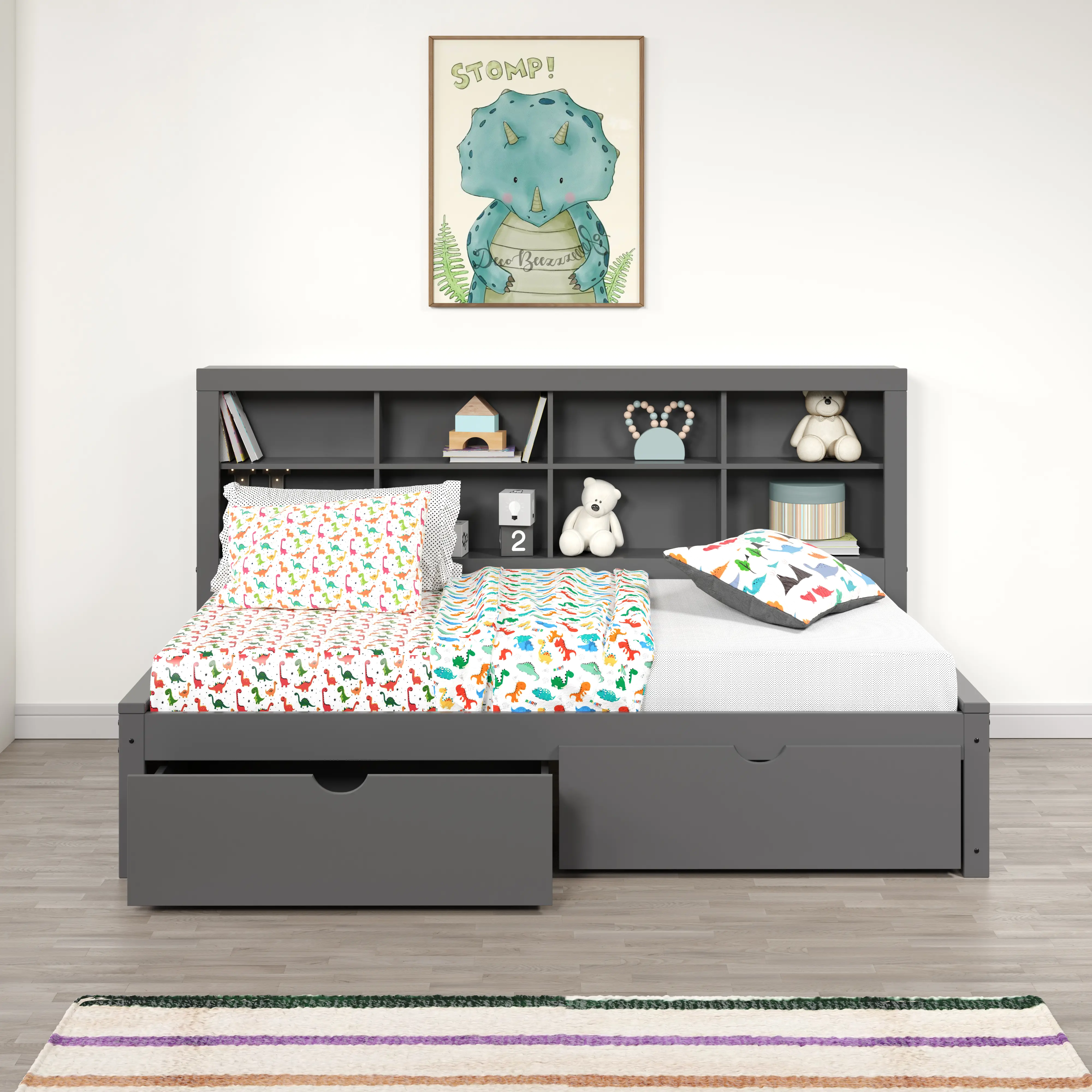 Gray Twin Bookcase Daybed with Storage Drawers