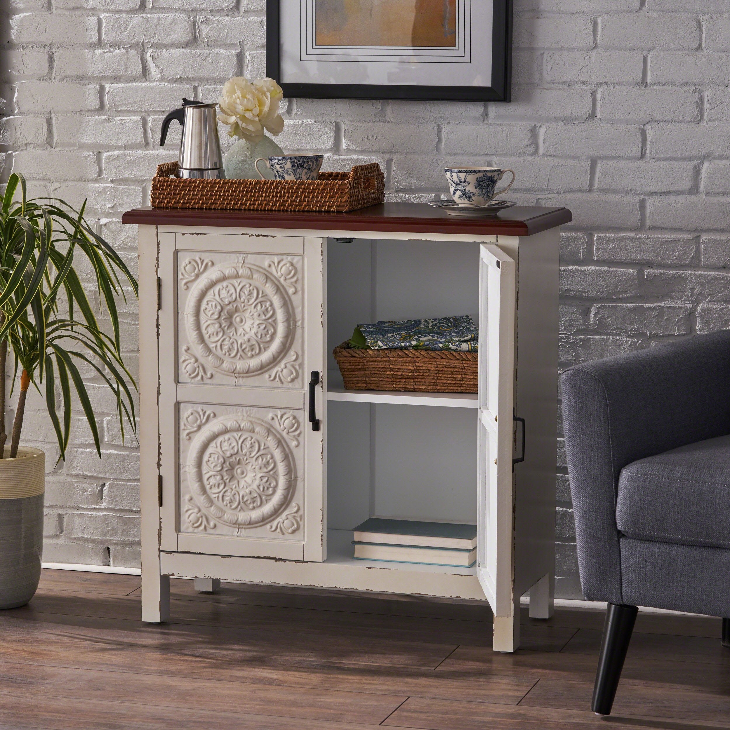 Aliana Finished Firwood Cabinet with Faux Wood Overlay and Accented Top