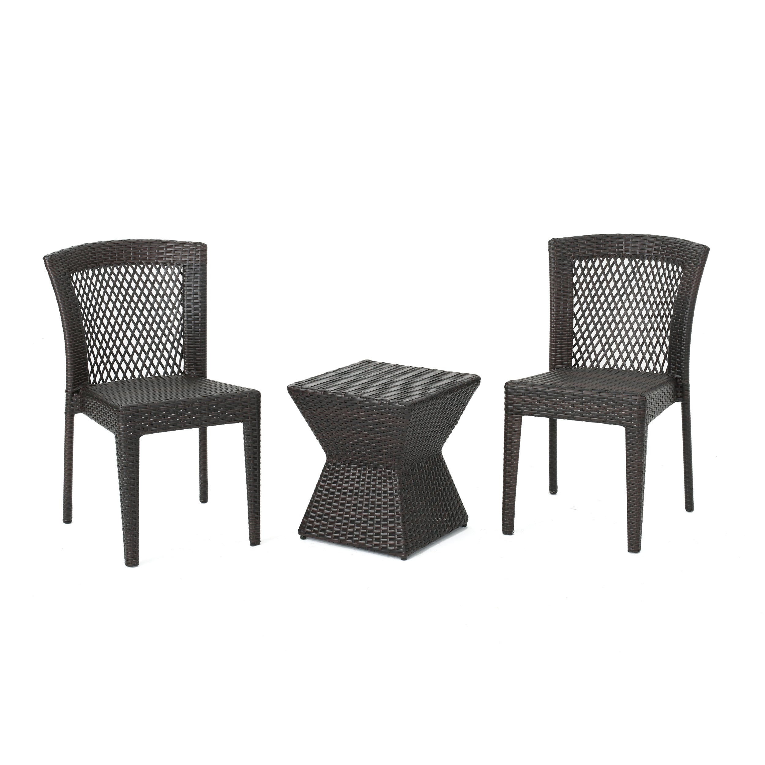 Malsborough Outdoor 3 Piece Multi-Brown Wicker Chat Set with Stacking Chairs