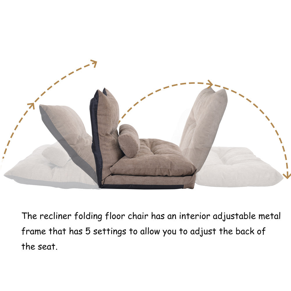 Versatility Lazy Floor Chair With 2 Pillows Folding Adjustable Loveseat Sofa Couch for Reading Gaming Watching TV Elegant Lounge Chaise for Home Office Gray