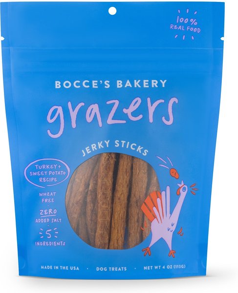 Bocce's Bakery Grazers Turkey Jerky Dog Treats， 4-oz pouch