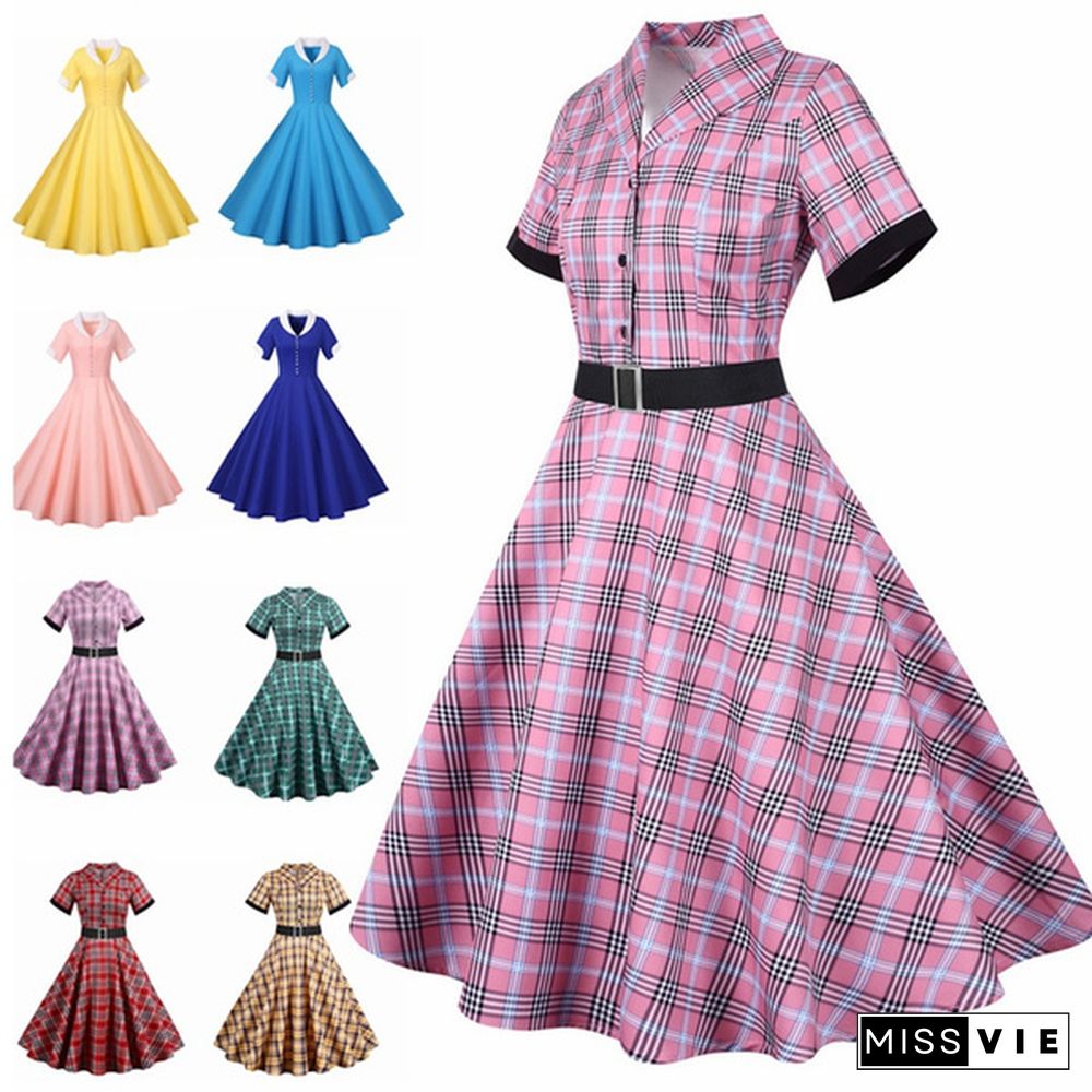 Women Retro Elegant Dress Vintage Style Party Dress Fashion Short Sleeve Casual Chiffon Swing Dress For Girls Robe De Femme Vestido De Mujer