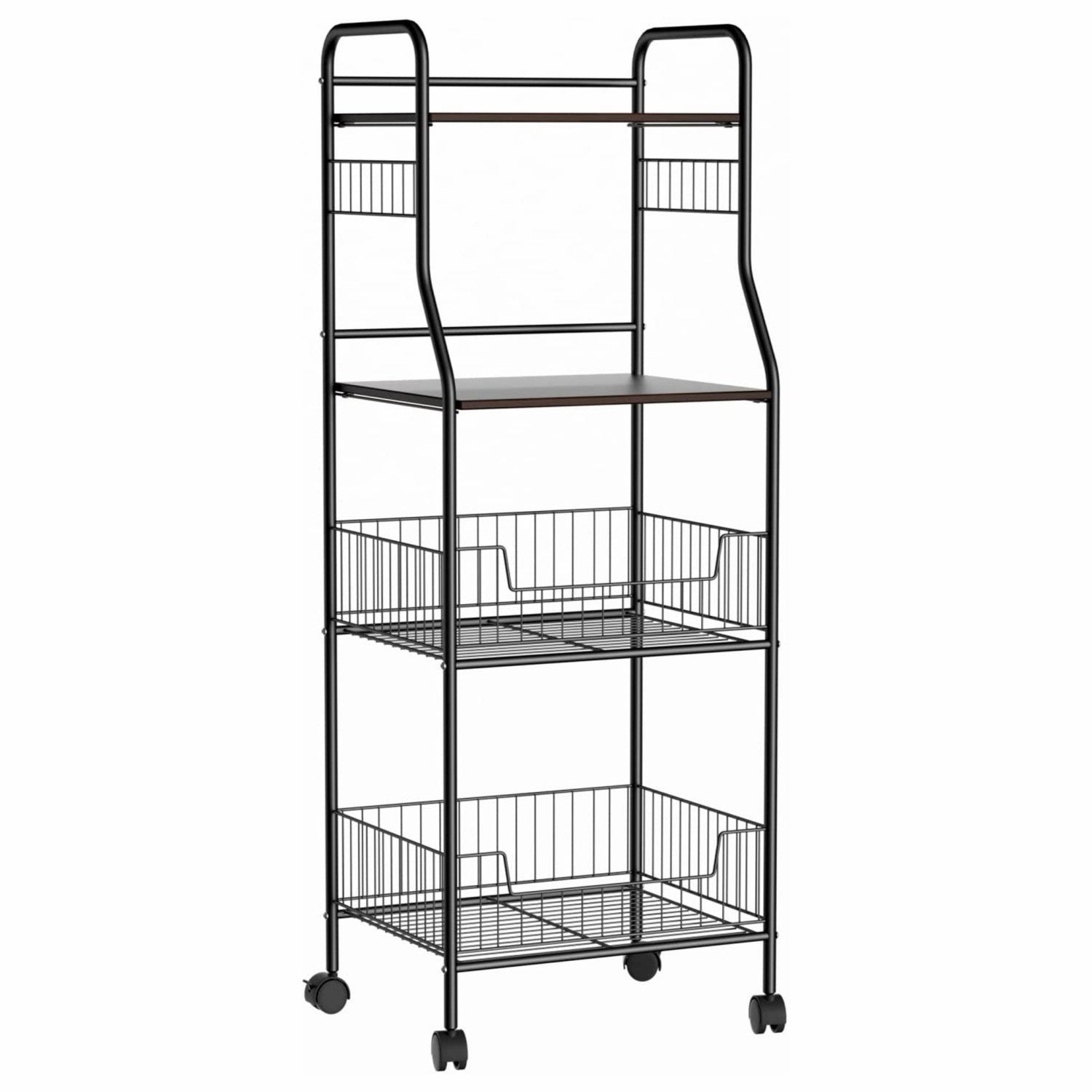 Nisorpa 4-Tier Kitchen Standing Shelf with Rolling Wheels， Baker Rack for Kitchen with Storage as Home Gift， Black