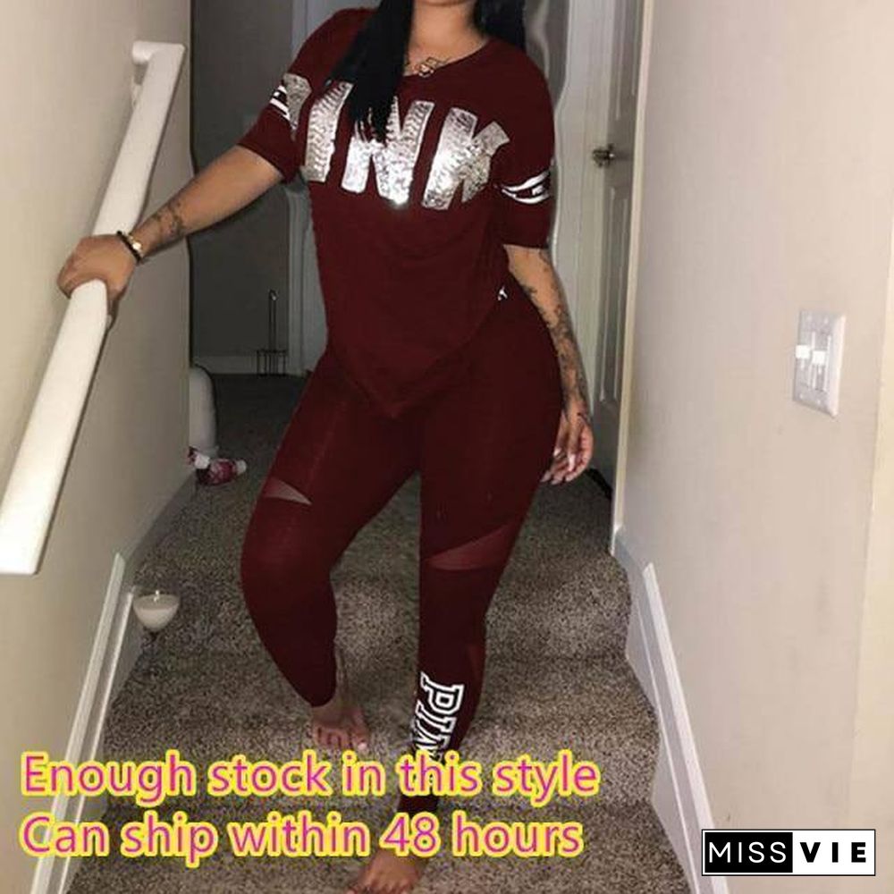 Casual 2 Piece Sets Women's Suit Tracksuits Set Pink Letter Print Plus Size Sweatsuit 3XL Top And Skinny Pants 2pcs Outfits