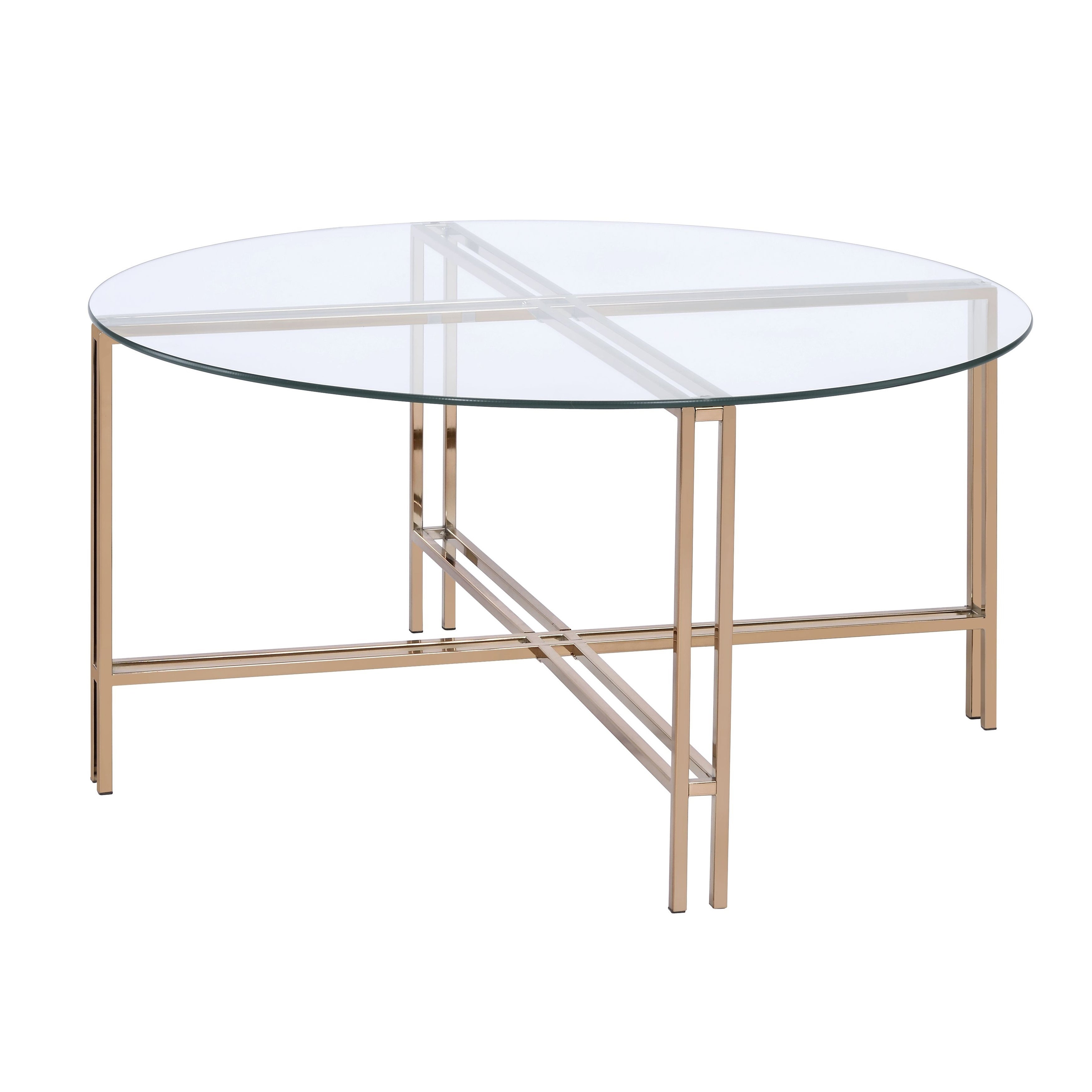 Coffee Table with X Shaped Metal Base and Round Glass Top， Gold