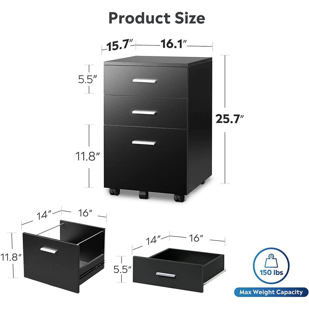 Black 3-Drawer Wood Mobile File Cabinet SN820C-184