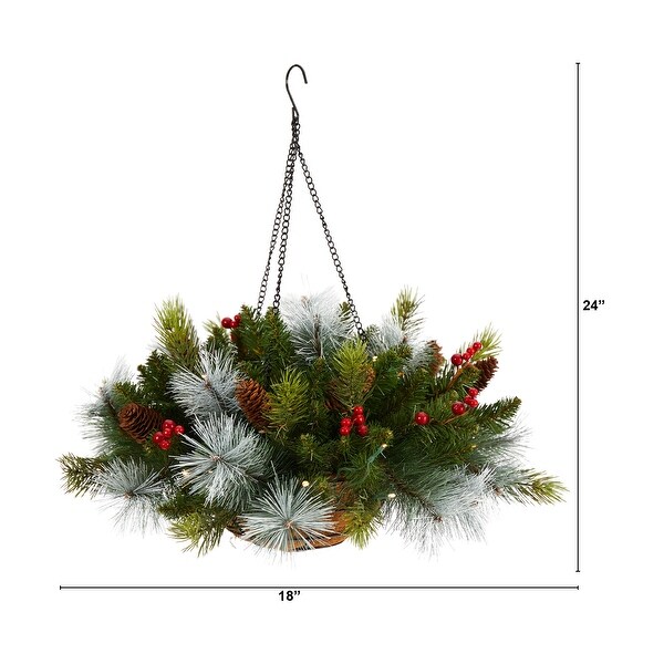 24 PreLit Pine and Berries Artificial Christmas Hanging Basket，LED Lights