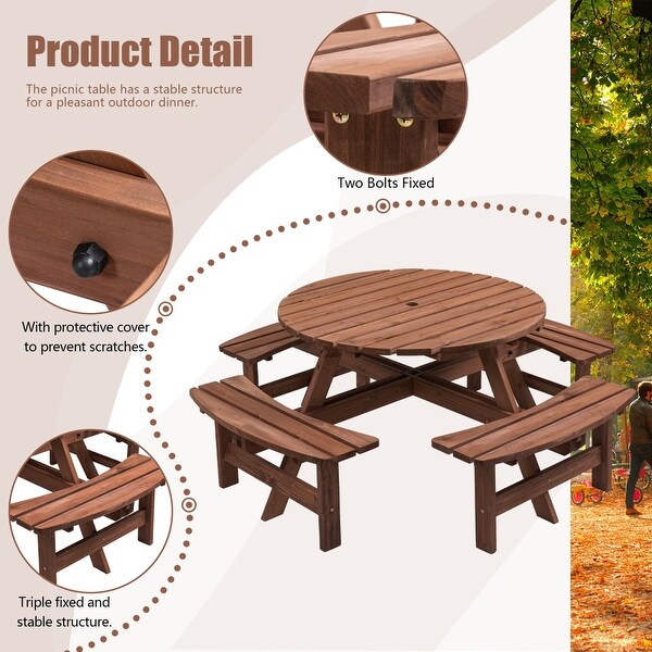 43.3'' Round Wooden Outdoor Picnic Dining Table with 4 Builtin Benches for 8 Person