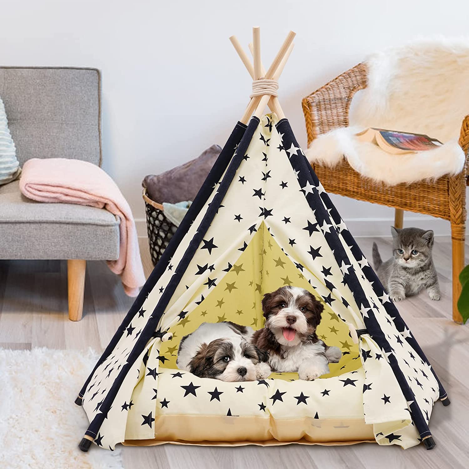 Pet Teepee Tent for Dogs and Cats， 24 Inch Portable Indoor Dog House with Thick Cushion， Cat Teepee Tent Washable