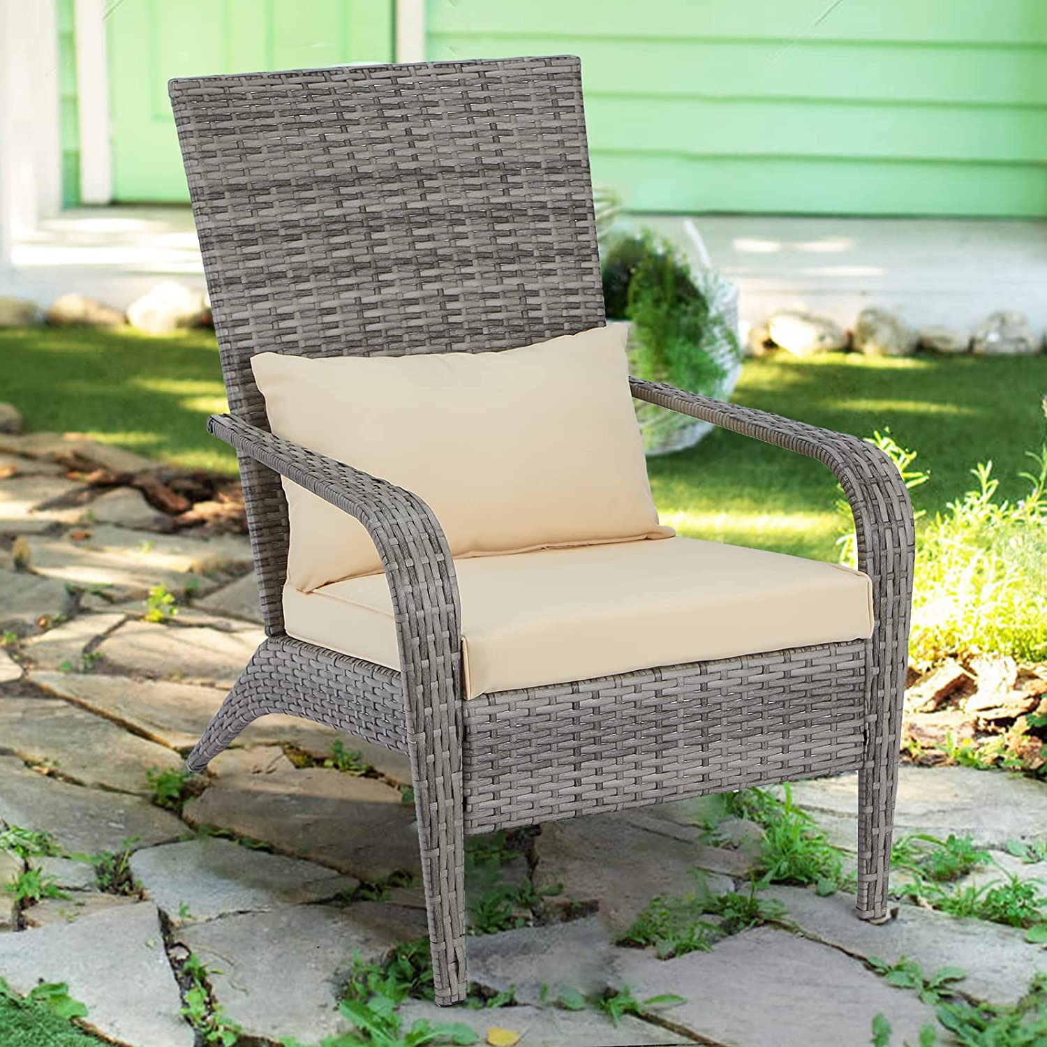 AECOJOY Patio Chairs High Back Wicker Outdoor Dining Chairs with Cushion and Pillow in Gray