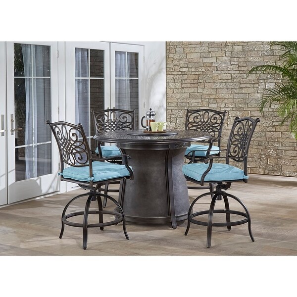 Hanover Traditions 5Piece HighDining Set with 4 Swivel Chairs and a 40，000 BTU Casttop Fire Pit Table