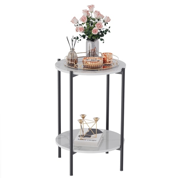 2-Tier Round Marble Sofa Side Table Coffee End Table Metal Black Frame