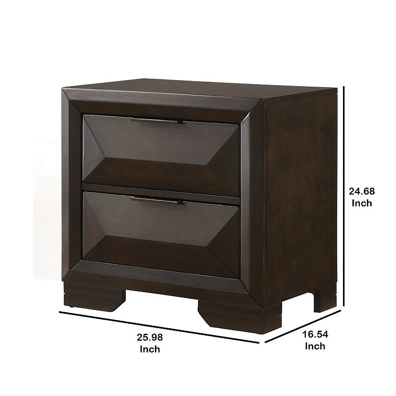 Wooden Nightstand with Dramatic Bevel Drawer Fronts， Espresso Brown