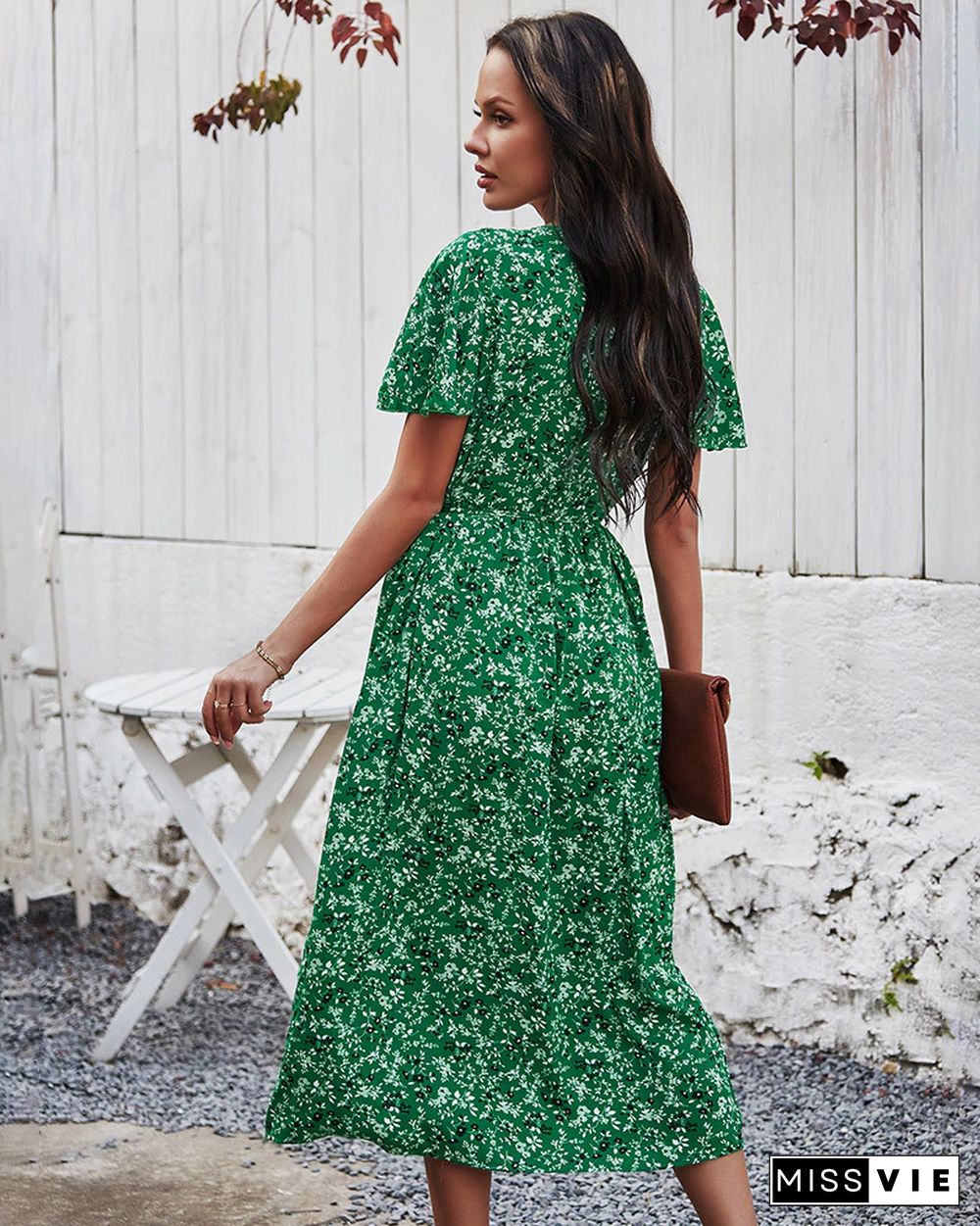 Elegant V-Neck Floral Print Summer Dress Women High Waist Button Bohemian Beach Dress Female Green Midi Vestidos De Mujer