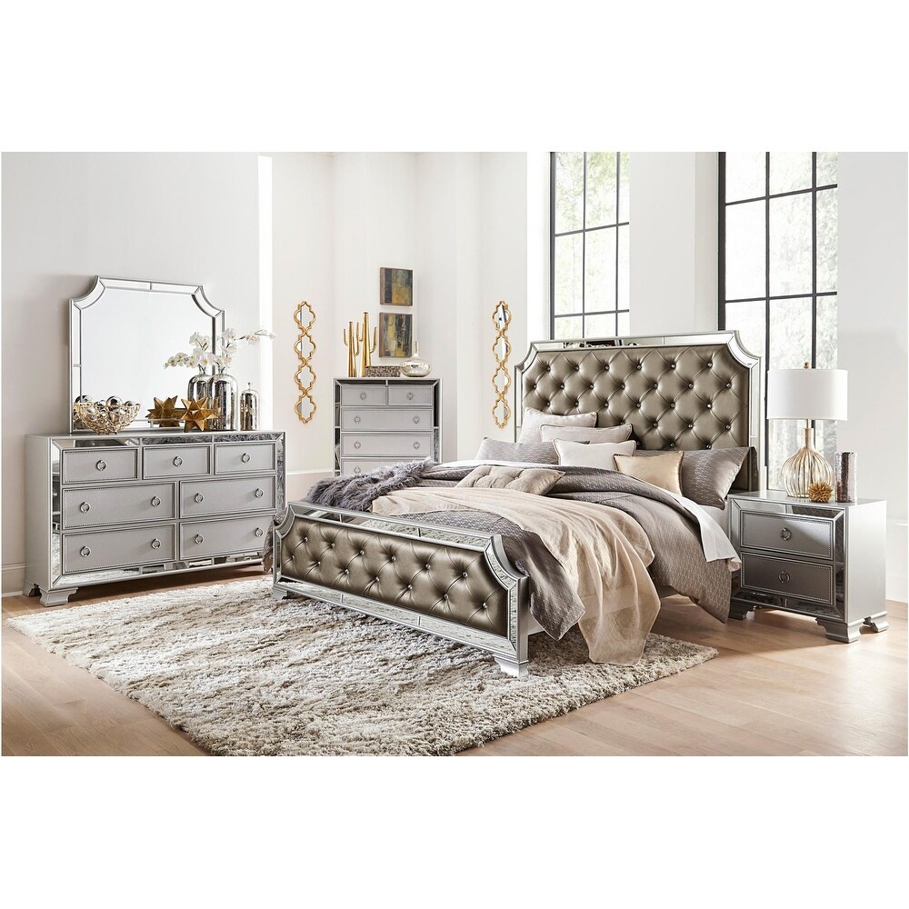 Gerald 3 Piece Silver Modern Faux Leather Upholstered Tufted Panel Bedroom Set