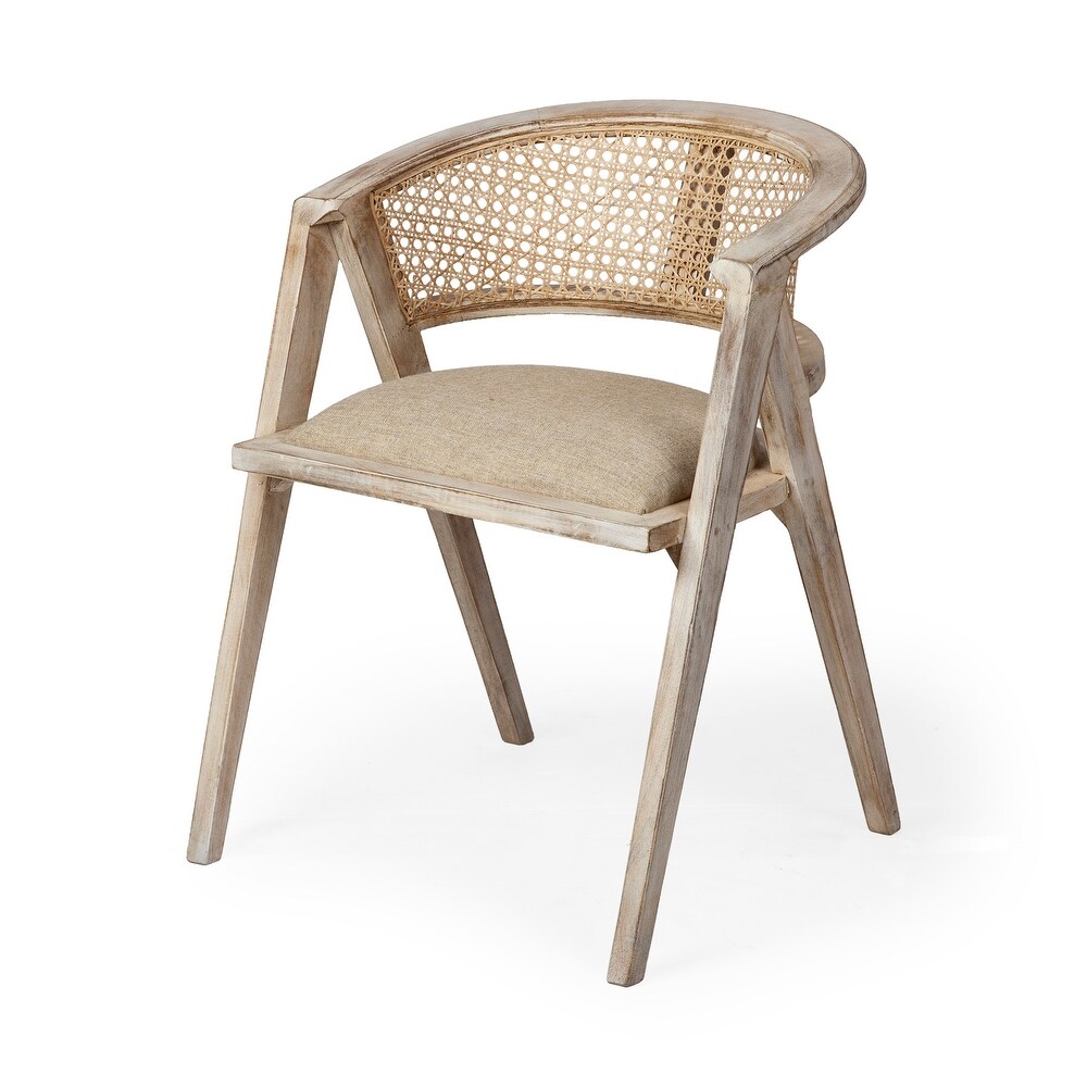 Tabitha Beige Fabric Seat With Light Brown Solid Wood Frame and Cane Back Dining Chair   23.0L x 21.0W x 30.0H