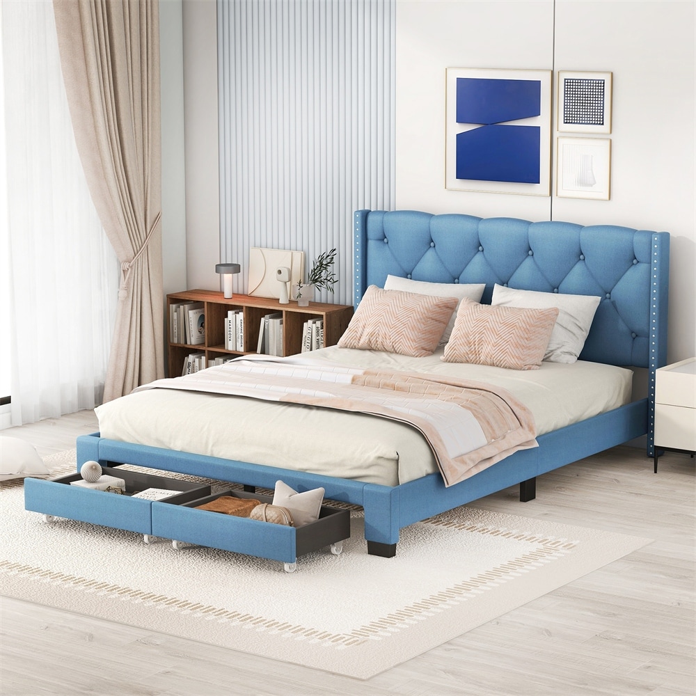 Queen Size Storage Bed Linen Upholstered Platform Bed with Two Drawers