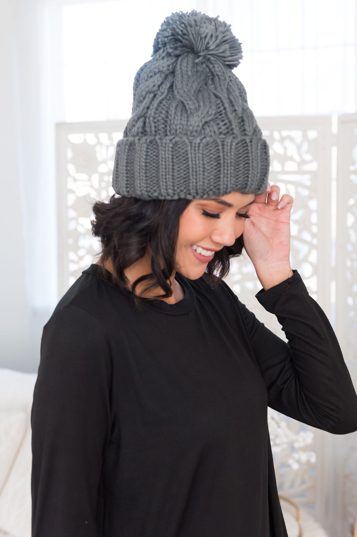 Sit By The Fire Cable Knit Pom Pom Beanie