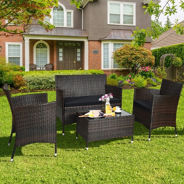 Costway 4PCS Rattan Patio Furniture Set Cushioned Sofa Chair Coffee