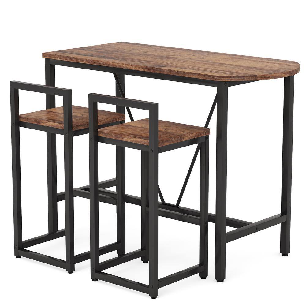 Tribesigns Bryan 43.3 in. 3-Piece Walnut Brown Bar Table Set Kitchen Pub Dining Table with 2-Bar Stools CT-XK00110