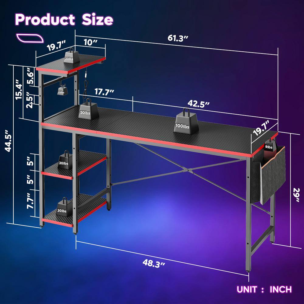 Bestier 61 in. LED Gaming Desk with 4-Tiers Reversible Storage Shelves and Side Storage Bag and 2-Hooks Black Carbon Fiber H101116G-BDCF