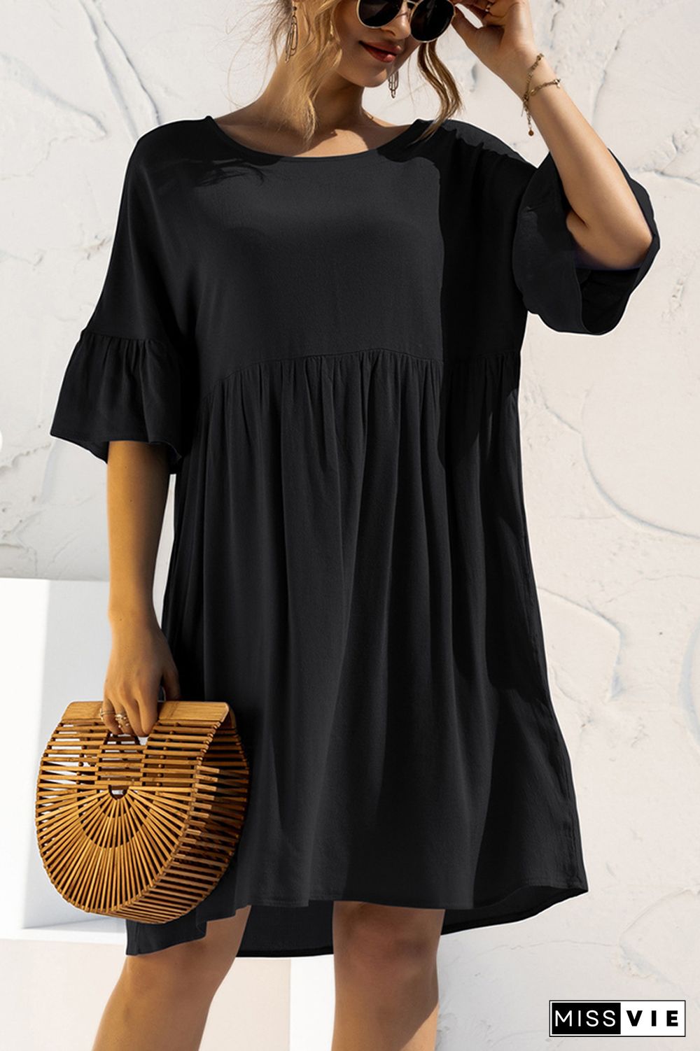 Solid Color Short Sleeve Panelled Pocket Loose Dress Wholesale