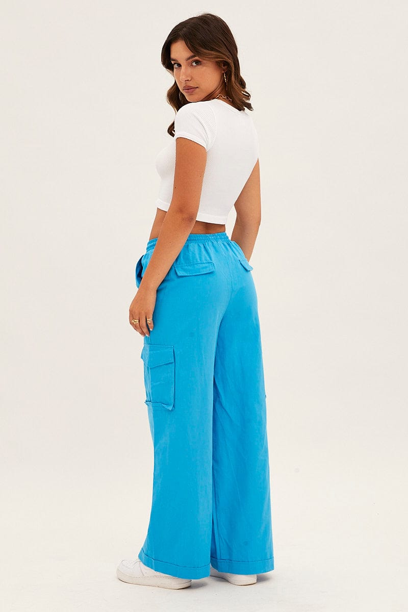 Blue Cargo Pant Wide Leg Elastic Waist Cotton Twill