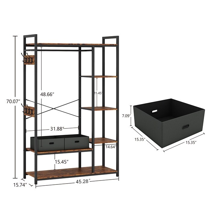 Free Standing Closet Organizer  Portable Garment Rack with Open Shelves and Hanging Rod  Black Metal Frame