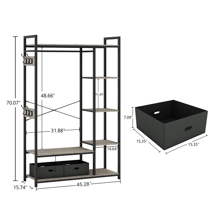 Free Standing Closet Organizer  Portable Garment Rack with Open Shelves and Hanging Rod  Black Metal Frame