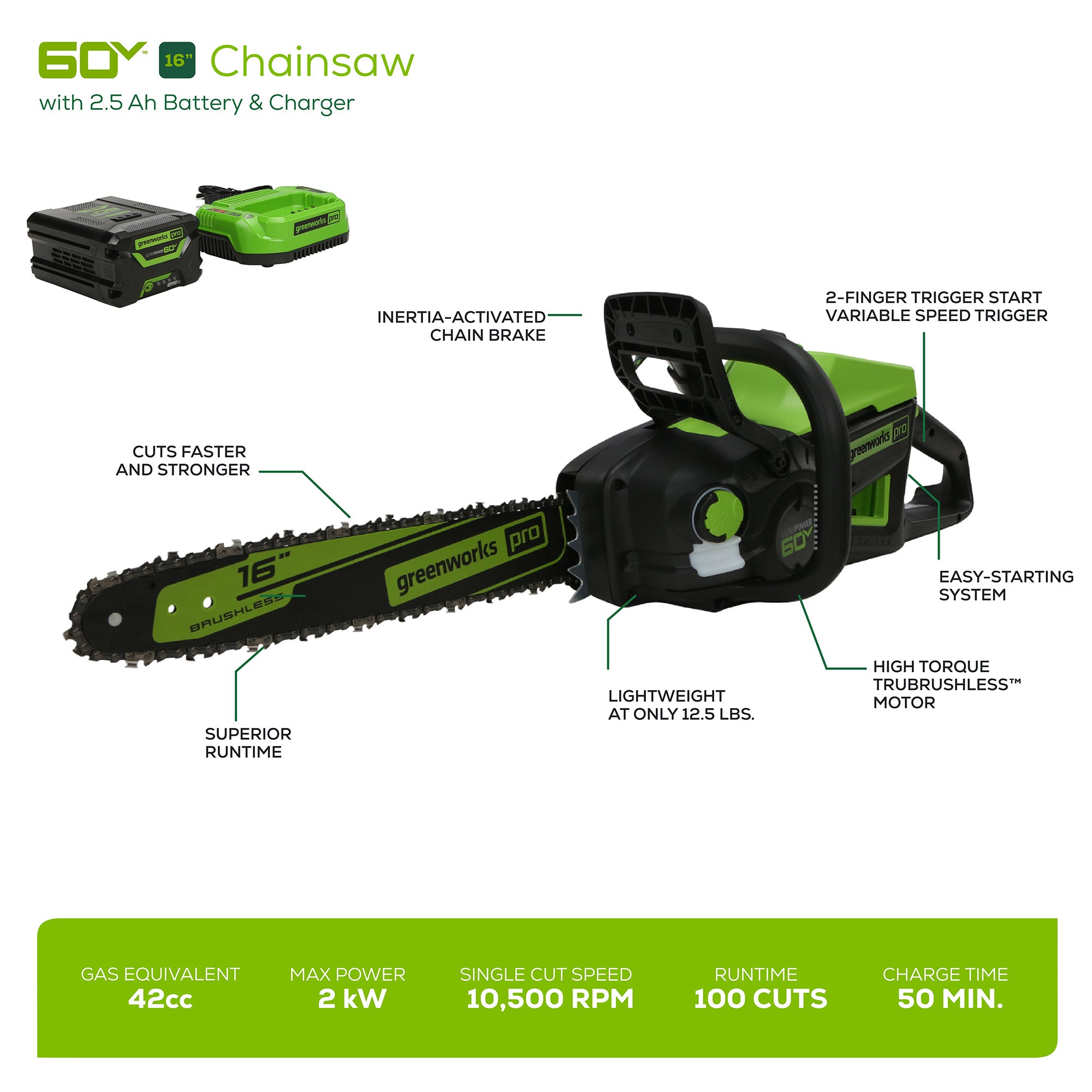 60V 16-Inch Cordless Chainsaw  Battery | Greenworks Tools