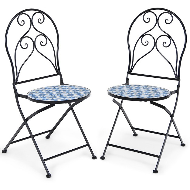 Tangkula 2pcs Outdoor Mosaic Folding Bistro Chairs Patio Chairs With Ceramic Tiles Seat And Exquisite Floral Pattern Blue Seat