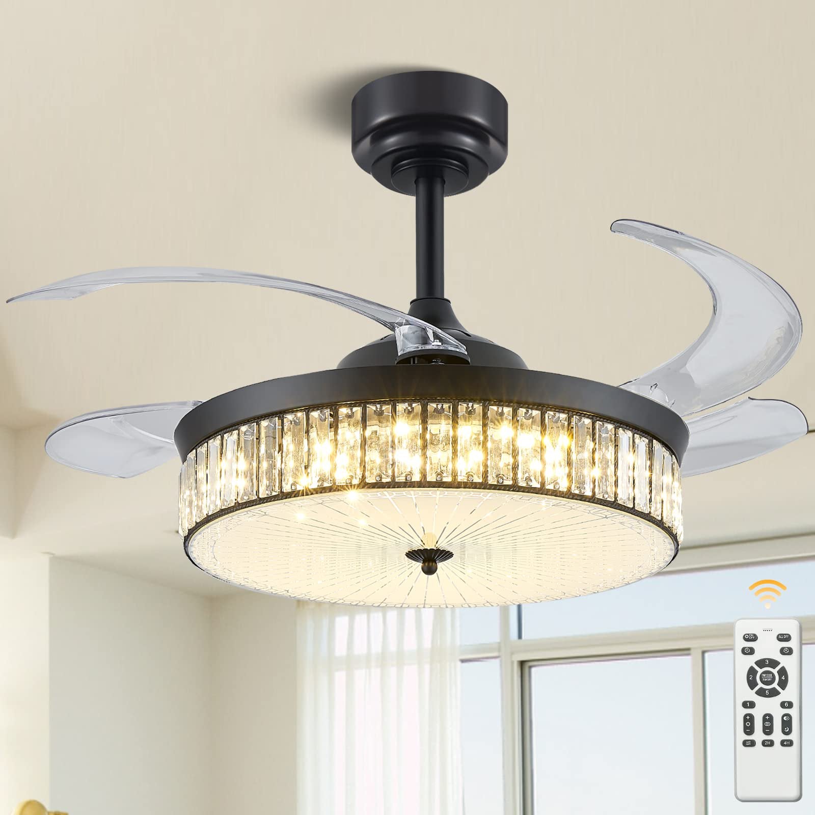 KAPOEFAN 42 inch Retractable Chandelier Ceiling Fan with Lights and Remote,Fandelier Crystal Fan with Retractable Blades Memory Dimmable LED