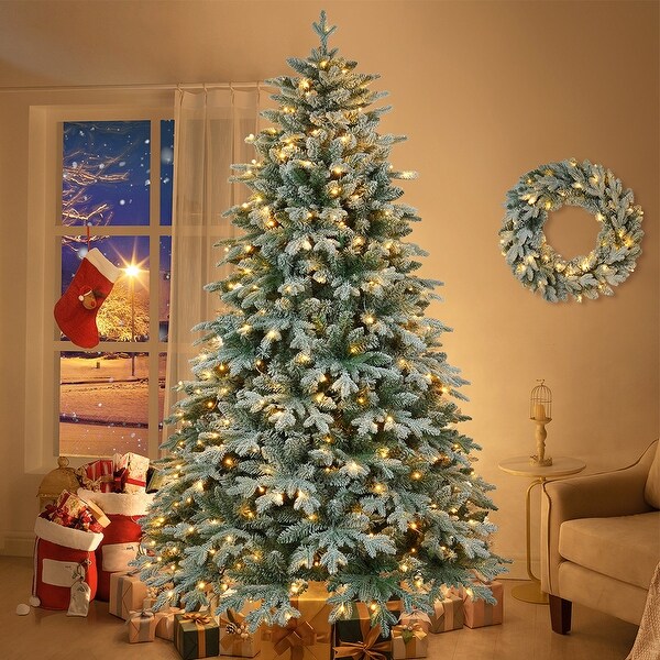 7ft Prelit Artificial Christmas Tree with Wreath，2Piece Christmas Decorations Xmas Tree and Wreath