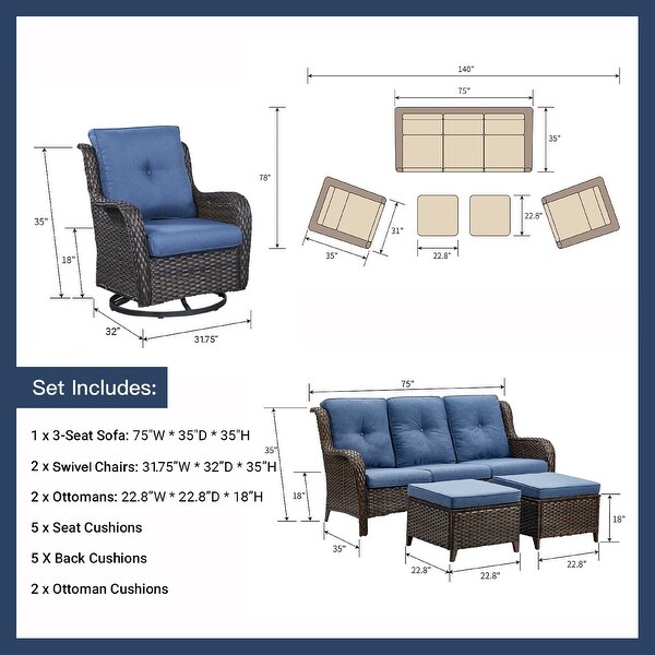 Pocassy 5Piece Outdoor Wicker Sofa Set with Swivel Chairs