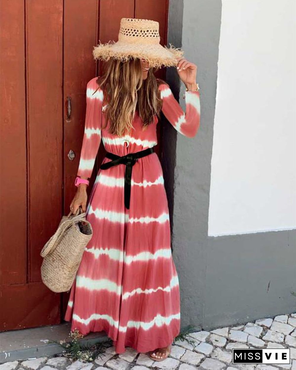 Fall Dress Wave Printed Long Sleeve Women's Maxi Dress