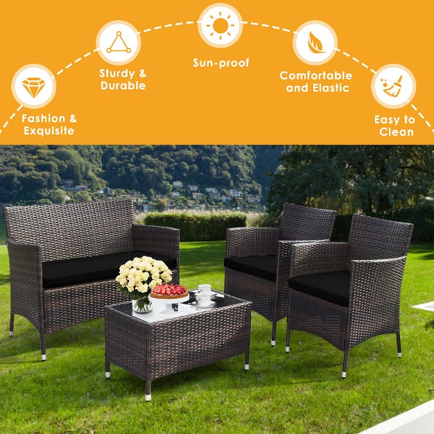 Tangkula 4 piece Patio Rattan Wicker Conversation Furniture Set Sofa Chair Table Set