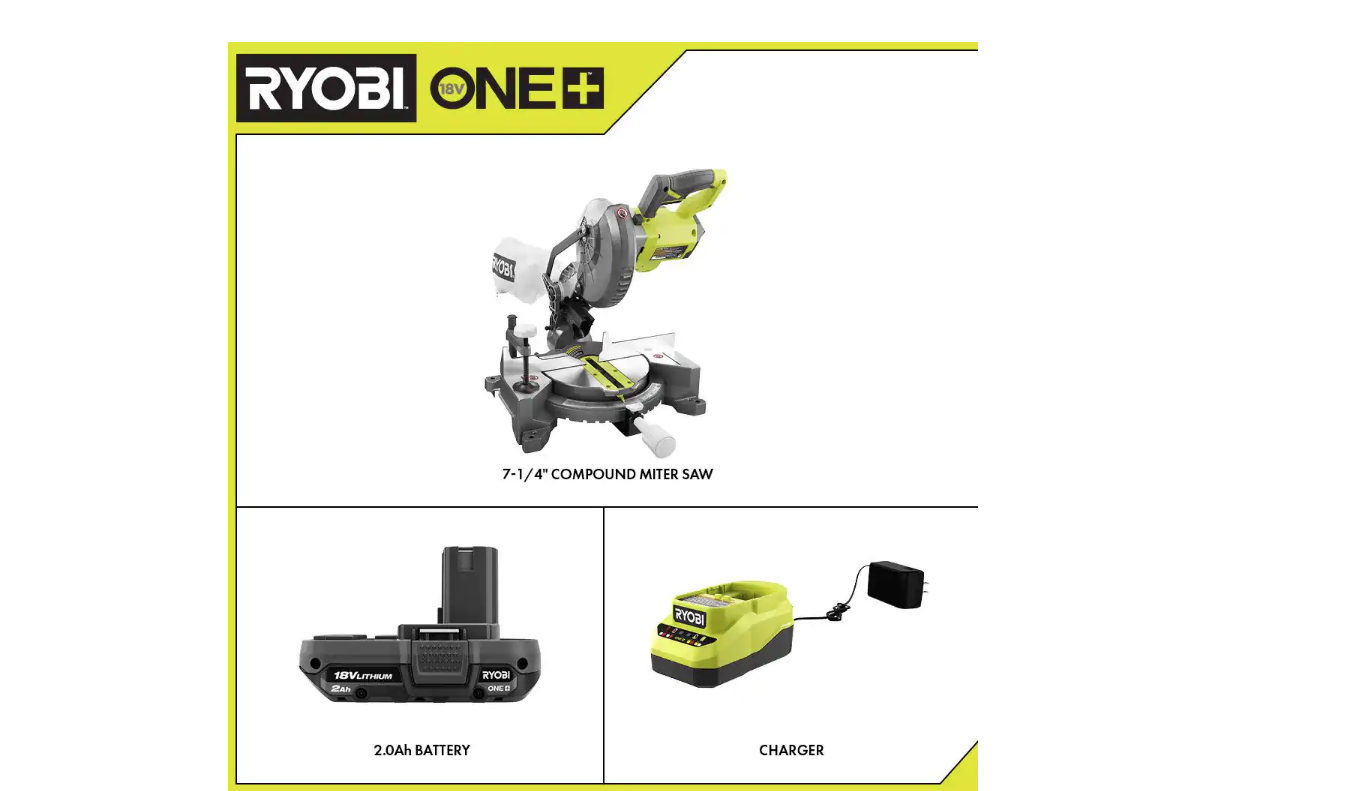 RYOBI P553-PSK005 ONE+ 18V Cordless 7-1/4 in. Compound Miter Saw with 2.0 Ah Battery and Charger