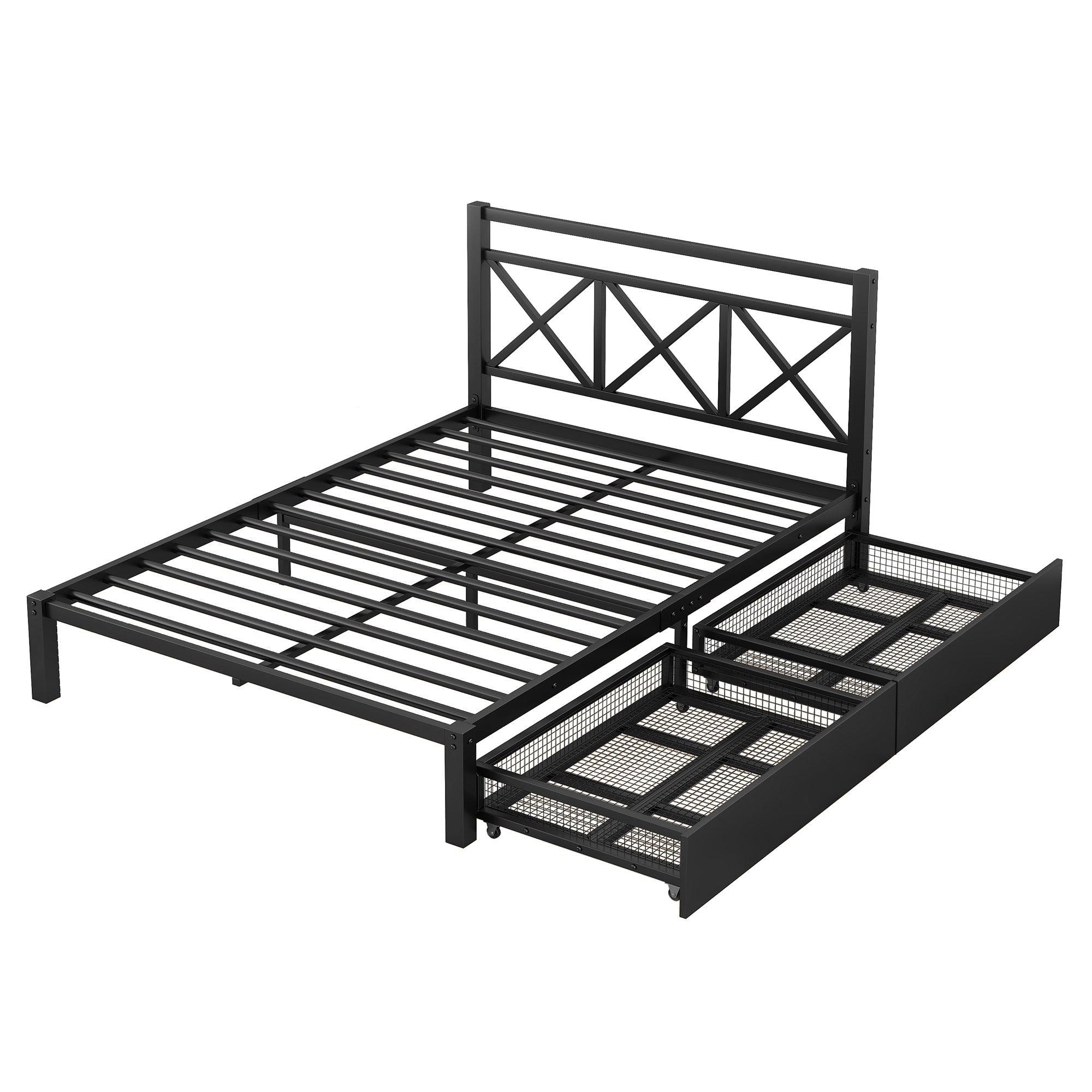 Metal Full Size Platform Bed with Two Drawers for Kids Room, Black